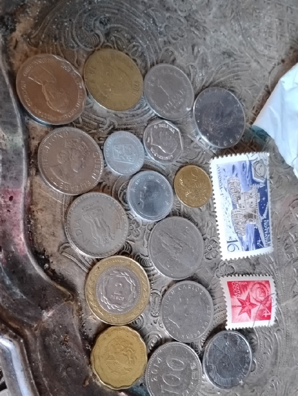 Mixed International Coin Lot with Vintage Stamps - Silver & Gold Tones - Picture 1 of 3